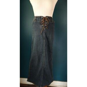 Vintage Y2K 90s Jalate Denim Maxi Skirt Corset Tie Western Boho Back Slit 11/12